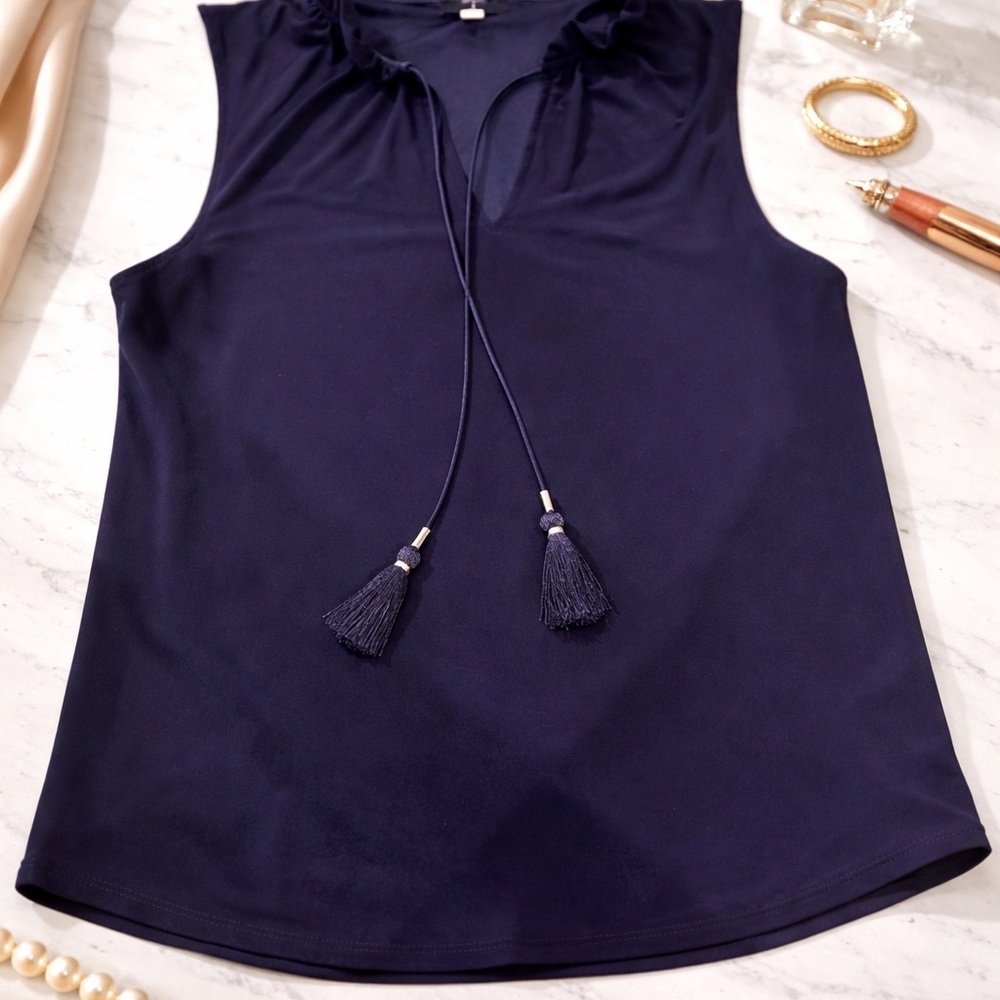 Tahari Navy Sleeveless Tassel Tie Camisole